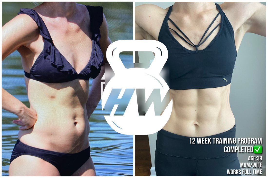 Before and after photos of a 39-year-old mom's completed 12-week training program, showing visible ab definition