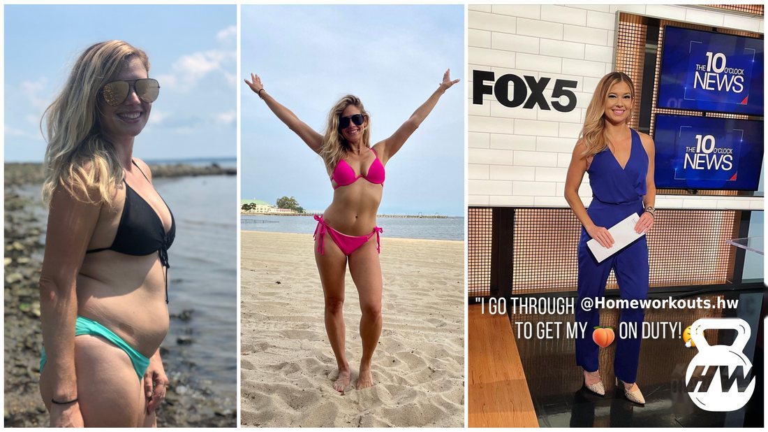 Photos of a female client on the beach and appearing on Fox 5 News, crediting Homeworkouts.hw for her results