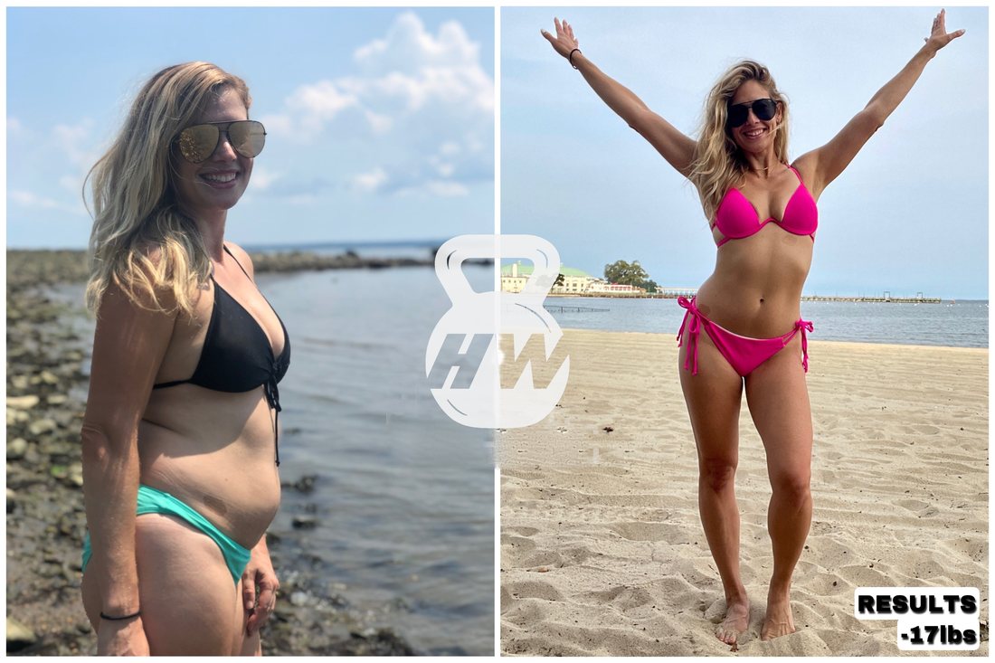 Before and after beach photos of a female client's 17-pound weight loss transformation