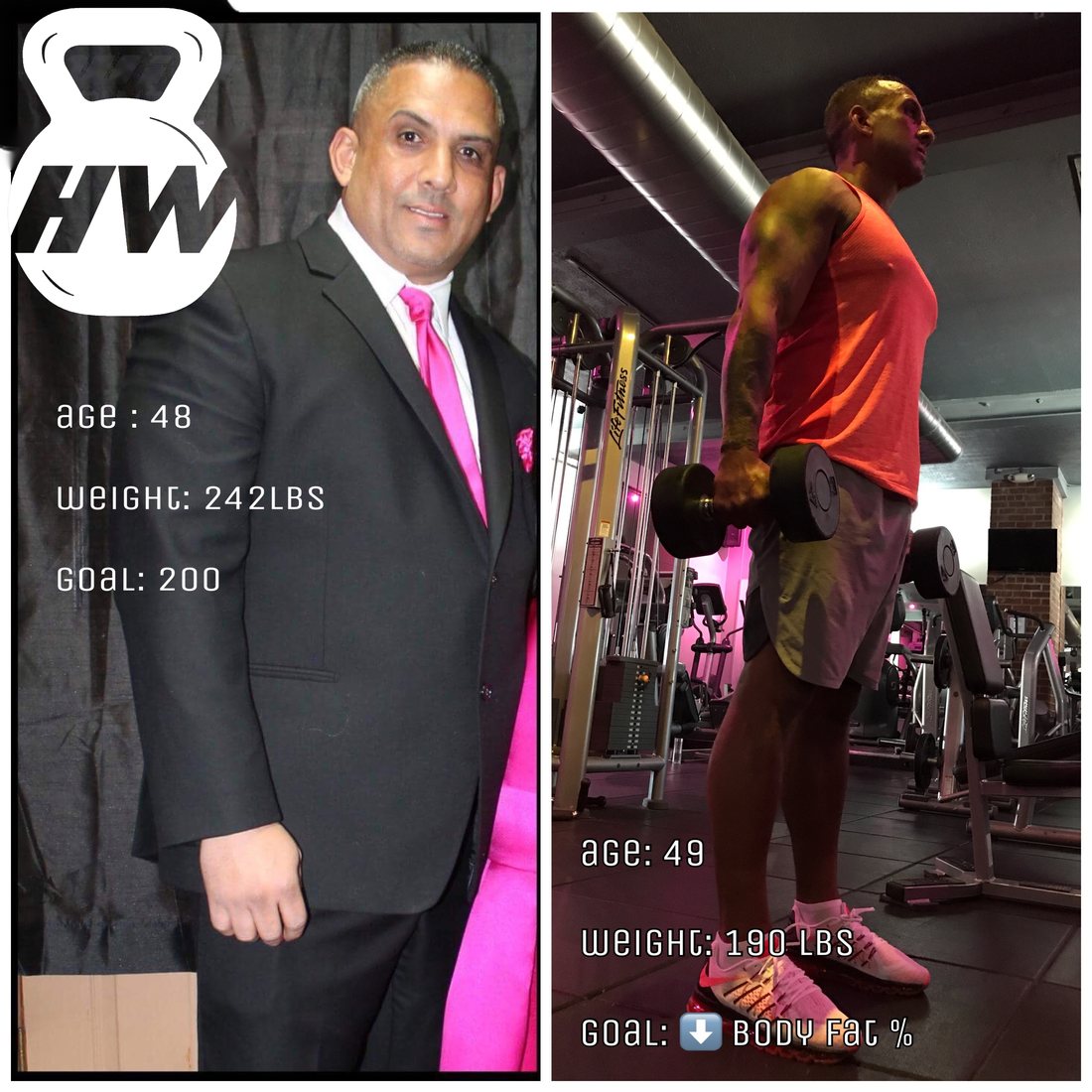 Before and after photos of a 48-year-old male client's transformation from 242 to 190 pounds