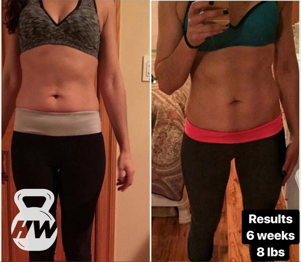 Before and after photos of a female client's 8-pound weight loss over 6 weeks