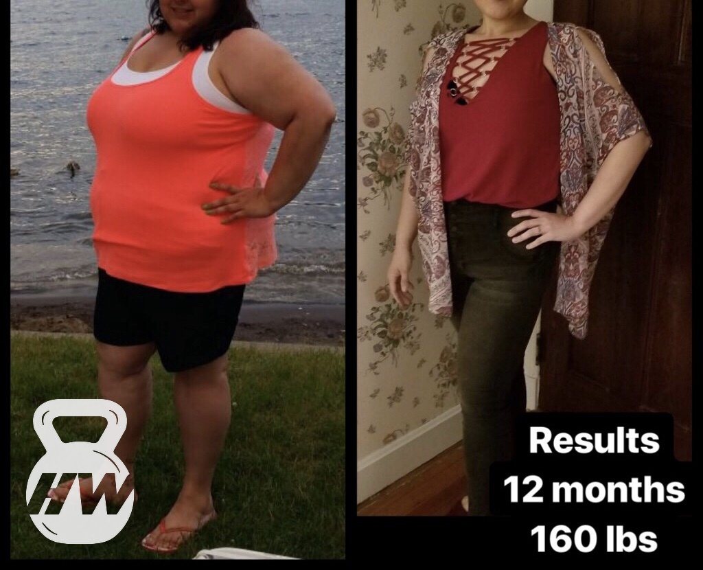 Before and after photos of a female client's 12-month body transformation