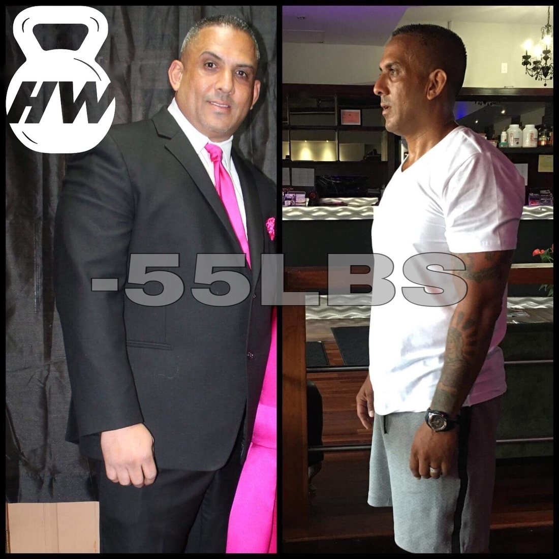 Before and after photos of a male client's 55-pound weight loss transformation