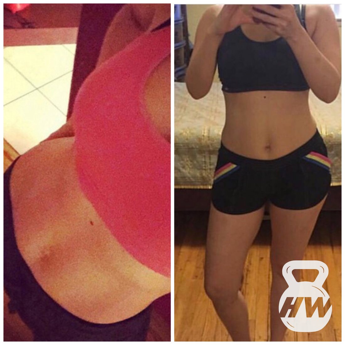 Before and after photos of a female client's postpartum fitness transformation