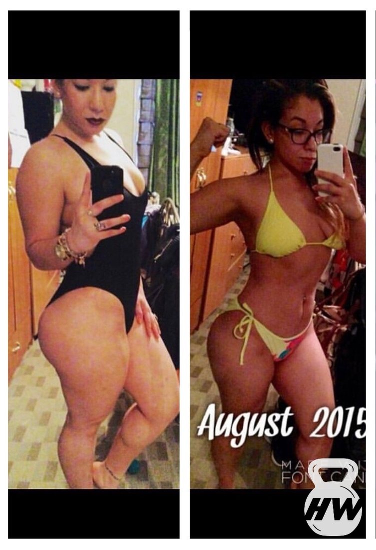 Before and after photos of a female client's body transformation