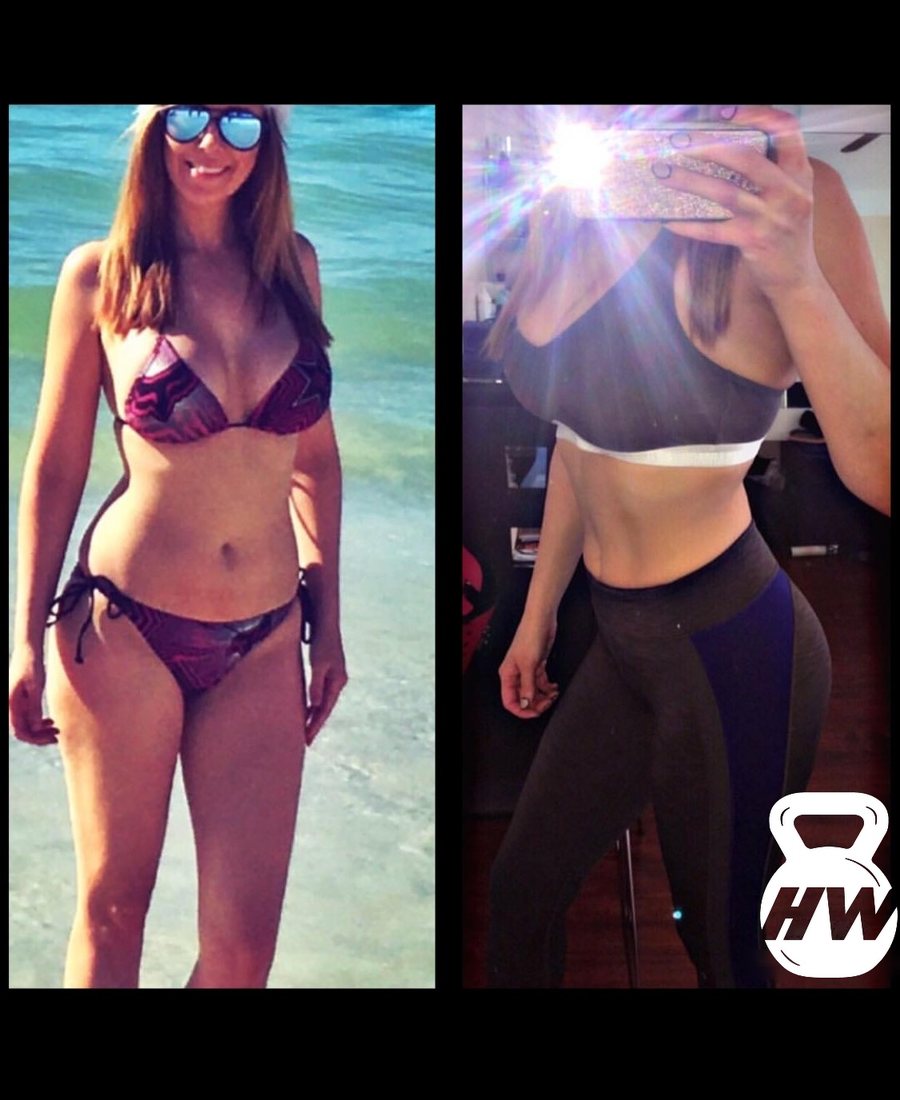 Before and after photos of a female client's toned midsection transformation