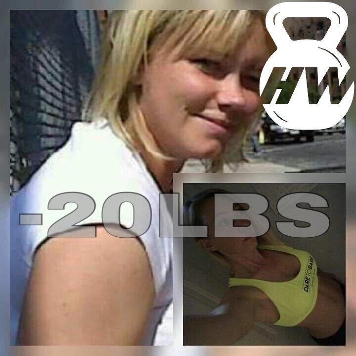 Before and after photos of a female client's 20-pound weight loss transformation
