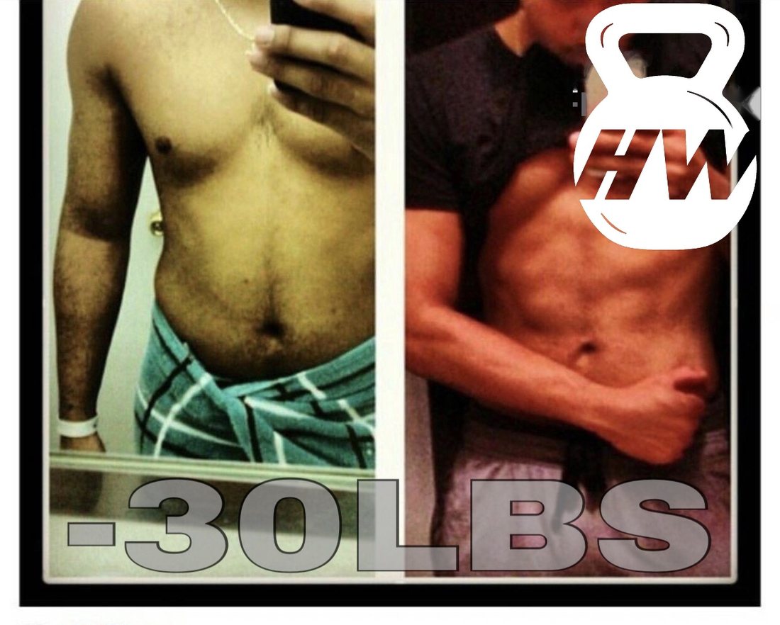 Before and after photos of a male client's 30-pound weight loss transformation