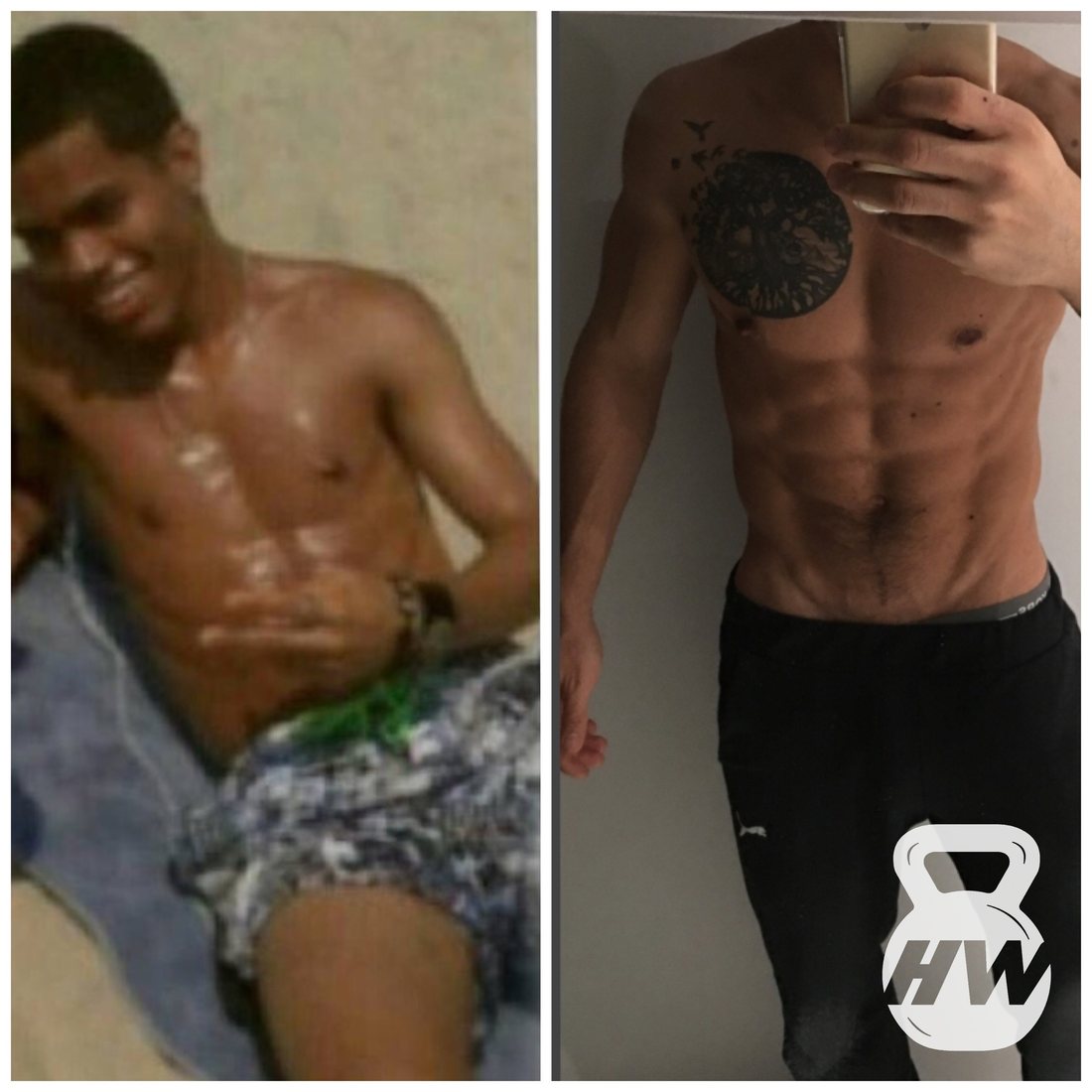 Before and after photos of a male client's lean muscle transformation