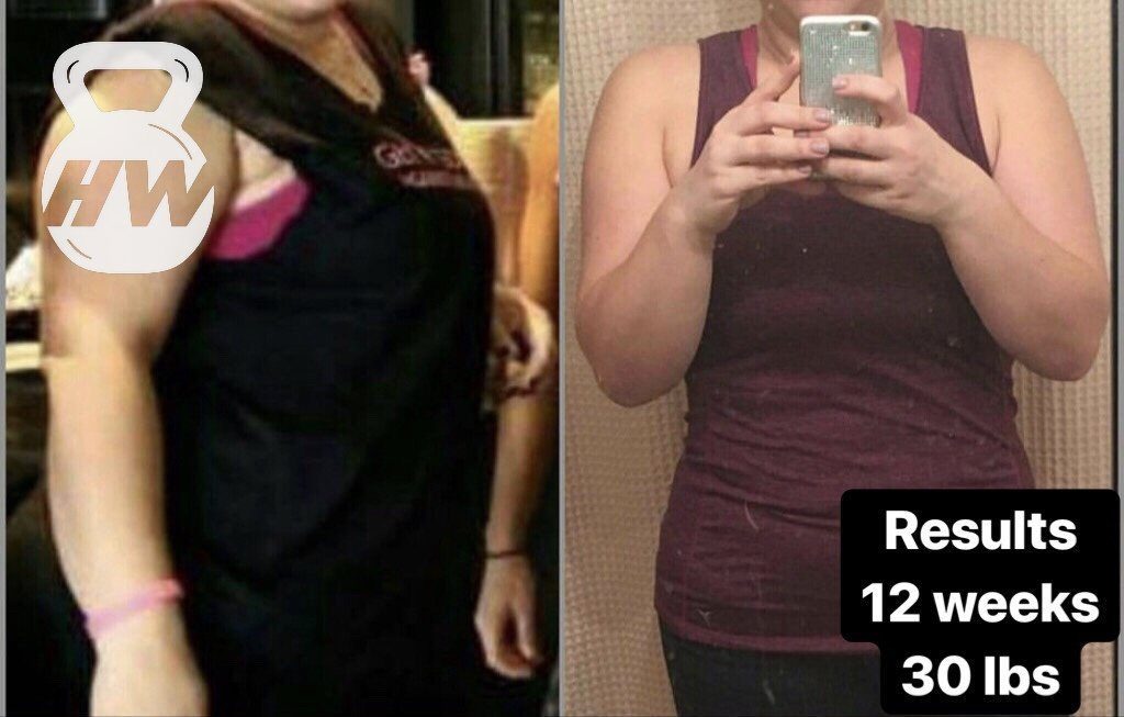 Before and after photos of a female client's 30-pound weight loss over 12 weeks