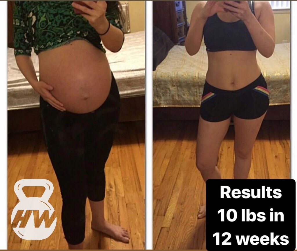 Before and after photos of a female client's postpartum transformation, 10 pounds in 12 weeks