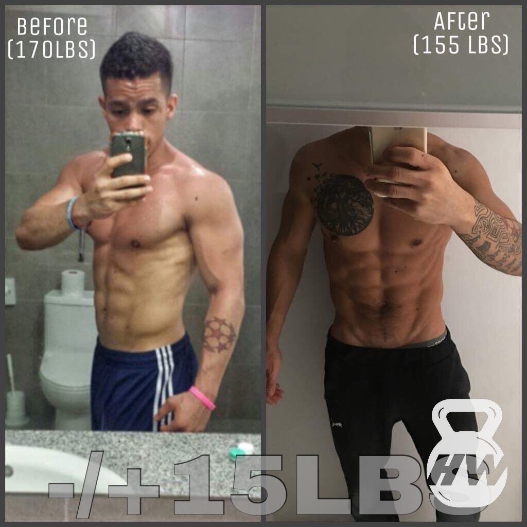 Before and after photos of a male client's transformation from 170 to 155 pounds