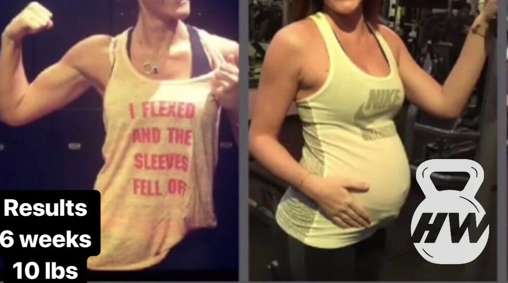 Before and after photos of a female client's 10-pound transformation over 6 weeks during pregnancy